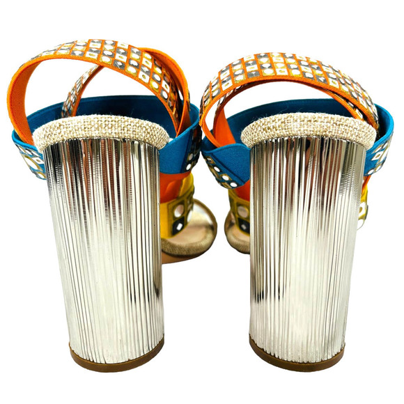 Casadei NWT Babilonia Made in Italy Silver & Multi-Color Chunky Heel Sandals 7 - Picture 13 of 16